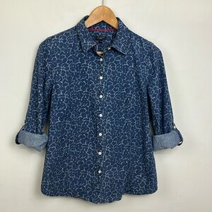 Talbots Chambray Animal Print Roll Tab Button Up Shirt Sz 8P
